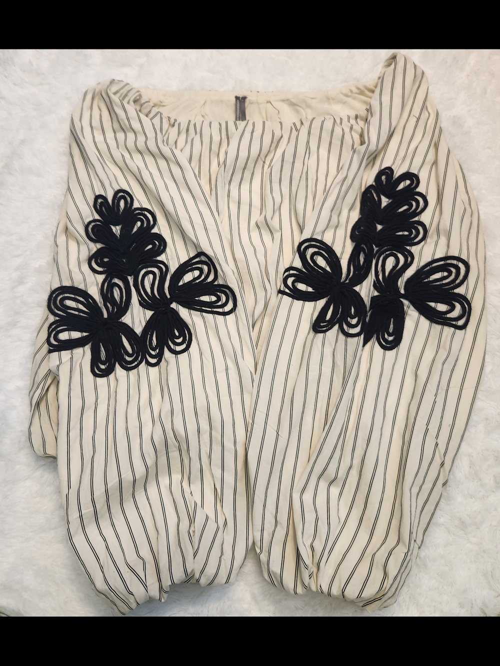 Anthropologie Cream Striped Gathered Waist Blouse with Black Lines